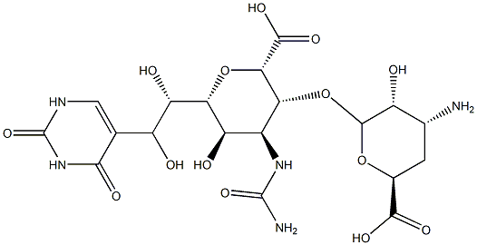 4-Carbamoylamino-3-O-(3-amino-3,4-dideoxy-β-D-xylo-hexopyranuronosyl)-2,6-anhydro-8-(1,2,3,4-tetrahydro-2,4-dioxopyrimidin-5-yl)-4-deoxy-L-erythro-L-gluco-octonic acid 구조식 이미지