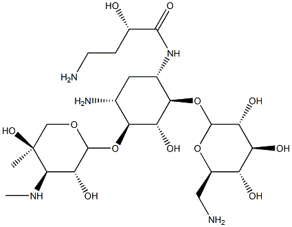 4-O-(6-Amino-6-deoxy-α-D-glucopyranosyl)-6-O-[3-deoxy-4-C-methyl-3-(methylamino)-β-L-arabinopyranosyl]-N'-[(S)-4-amino-2-hydroxy-1-oxobutyl]-2-deoxy-D-streptamine 구조식 이미지