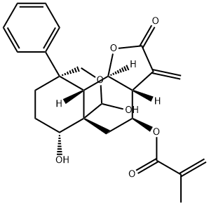 2-Methylpropenoic acid (3aR,12R)-3,3aβ,4,5,8,9,9aβ,9bα-octahydro-6α,12-dihydroxy-3-methylene-2-oxo-9α-phenyl-6H-5aβ,9β-propano-2H-furo[2,3-f][2]benzopyran-4β-yl ester Structure