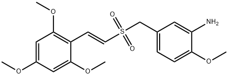 (E)-2',4',6'-triMethoxystyryl-4-Methoxy-3-aMinobenzylsulfone, (E)-5-((2,4,6-triMethoxystyrylsulfonyl)Methyl)-2-MethoxybenzeneaMine 구조식 이미지
