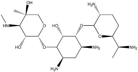 6-O-(3-Deoxy-4-methyl-3-methylamino-β-L-arabinopyranosyl)-4-O-(2,6-diamino-2,3,4,6,7-pentadeoxy-β-L-lyxo-heptopyranosyl)-2-deoxy-D-streptamine 구조식 이미지