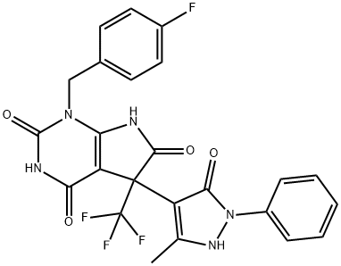 1H-Pyrrolo[2,3-d]pyrimidine-2,4,6(3H)-trione,5-(2,5-dihydro-3-methyl-5-oxo-1-phenyl-1H-pyrazol-4-yl)-1-[(4-fluorophenyl)methyl]-5,7-dihydro-5-(trifluoromethyl)-(9CI) 구조식 이미지