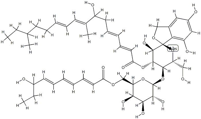 1,1-O-(4,6-Dihydroxy-1,2-phenylenemethylene)-4-O-[6-O-(8-hydroxy-1-oxodeca-2,4,6-trienyl)-β-D-galactopyranosyl]-α-D-glucopyranose 3-(7-hydroxy-8,14-dimethylhexadeca-2,4,8,10-tetraenoate) 구조식 이미지