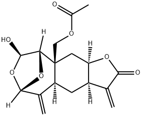 (3aR)-3aα,4,4aα,5,6,8,9,9a,10,10aα-Decahydro-9aβ-acetoxymethyl-8β-hydroxy-3,5-bis(methylene)-6β,9β-epoxyfuro[2,3-h][3]benzoxepin-2(3H)-one 구조식 이미지