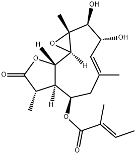 (E)-2-Methyl-2-butenoic acid [(1aR,2S,3R,4E,7R,7aR,8S,10aS,10bR)-1a,2,3,6,7,7a,8,9,10a,10b-decahydro-2,3-dihydroxy-1a,5,8-trimethyl-9-oxooxireno[9,10]cyclodeca[1,2-b]furan-7-yl] ester 구조식 이미지
