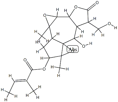 2-Methyl-2-butenoic acid [decahydro-8-hydroxy-7-hydroxymethyl-1a,3b-dimethyl-6-oxo-3H-bisoxireno[3,3a:7,8]azuleno[6,5-b]furan-2-yl] ester 구조식 이미지
