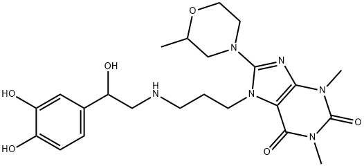 7-[3-[[2-(3,4-Dihydroxyphenyl)-2-hydroxyethyl]amino]propyl]-8-(2-methylmorpholino)theophyline 구조식 이미지