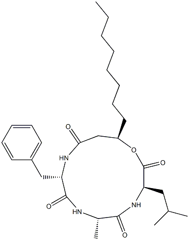 N-[N-[N-[(R)-3-Hydroxy-1-oxoundecyl]-L-phenylalanyl]-L-alanyl]-D-leucine λ-lactone 구조식 이미지