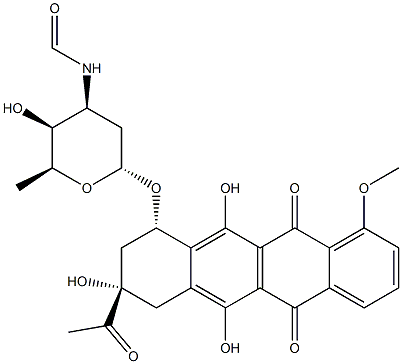 (8S,10S)-8-Acetyl-7,8,9,10-tetrahydro-6,8,11-trihydroxy-1-methoxy-10-[(3-(formylamino)-2,3,6-trideoxy-α-L-lyxo-hexopyranosyl)oxy]-5,12-naphthacenedione 구조식 이미지