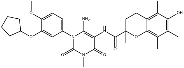 2H-1-Benzopyran-2-carboxamide,  N-[6-amino-1-[3-(cyclopentyloxy)-4-methoxyphenyl]-1,2,3,4-tetrahydro-3-methyl-2,4-dioxo-5-pyrimidinyl]-3,4- 구조식 이미지