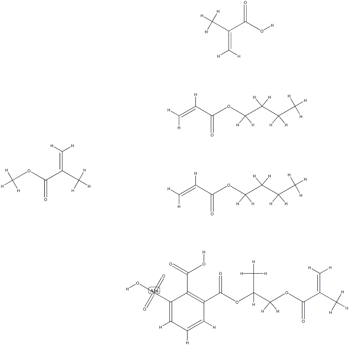 3(or 4)-Sulfo-1,2-benzenedicarboxylic acid, 1-[1-methyl-2-[(2-methyl-1-oxo-2-propenyl)oxy]ethyl]ester polymer with butyl 2-methyl-2-propenoate, butyl 2-propenoate, methyl 2-methyl-2-propenoate and 2-methyl-2-propenoic acid Structure
