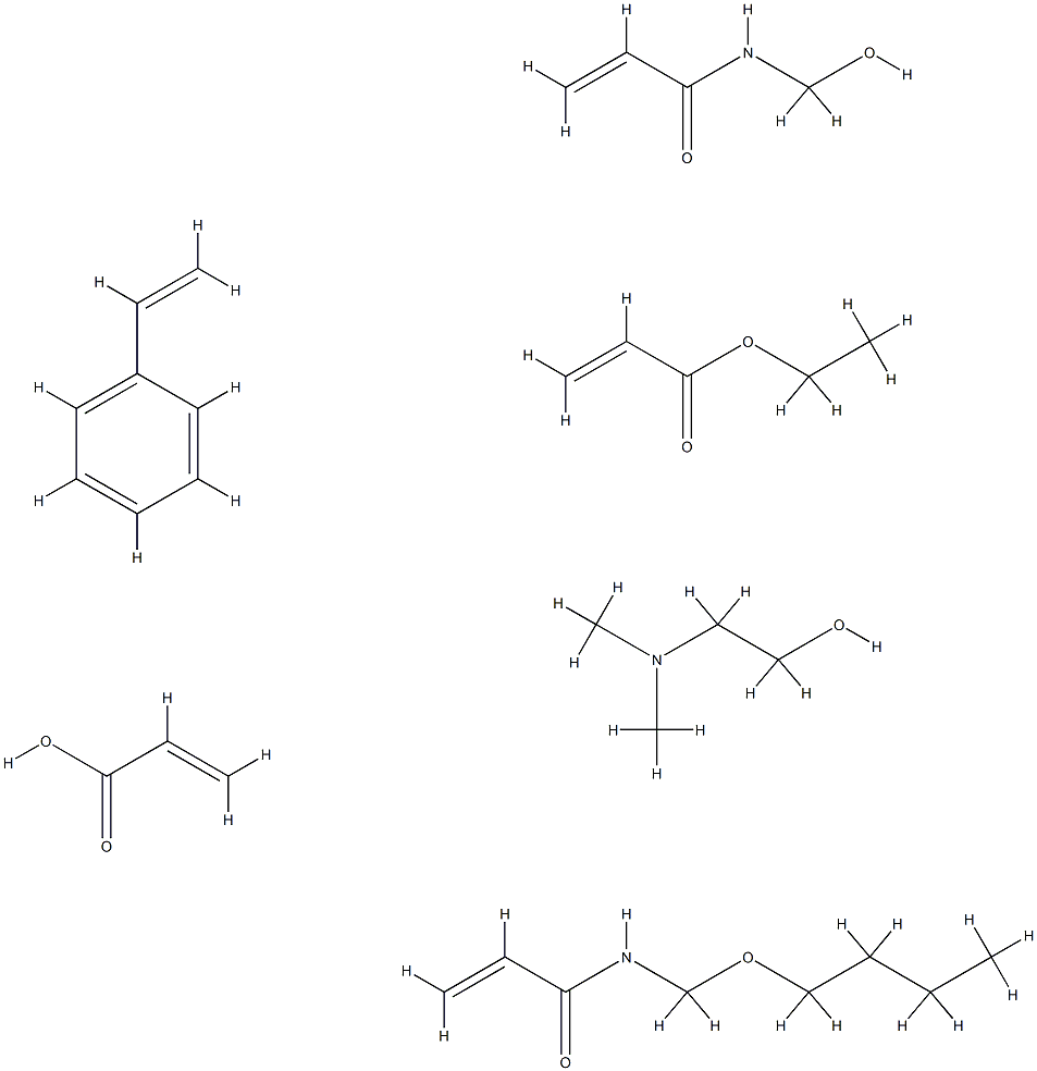 2-Propenoic acid, polymer with N-(butoxymethyl)-2-propenamide, ethenylbenzene, ethyl 2-propenoate and N-(hydroxymethyl)-2-propenamide, compd. with 2-(dimethylamino)ethanol Structure