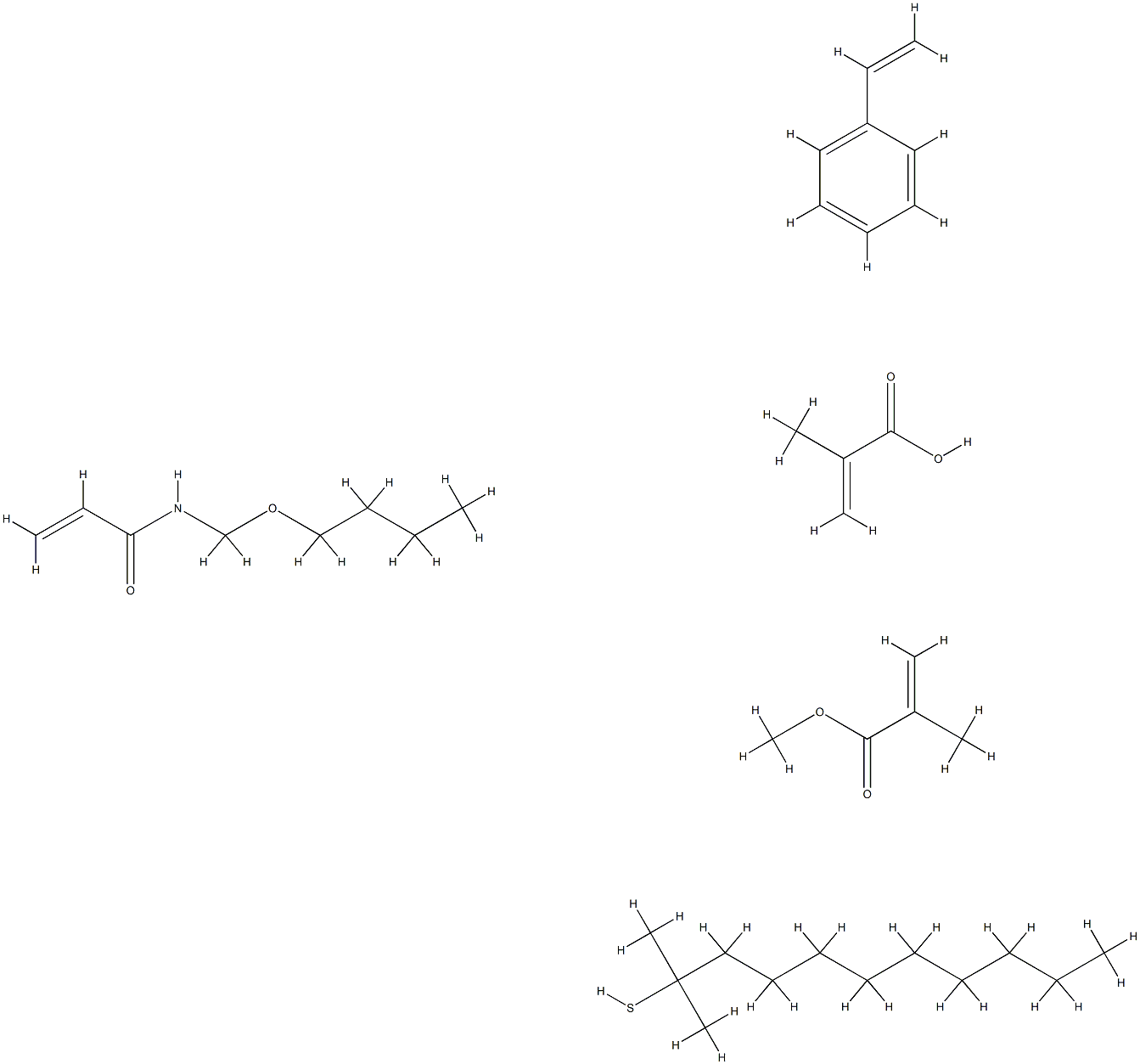 2-프로펜산,2-메틸-,N-(부톡시메틸)-2-프로펜아미드,tert-도데칸티올,에테닐벤젠및메틸2-메틸-2-프로페노에이트와의텔로머 구조식 이미지