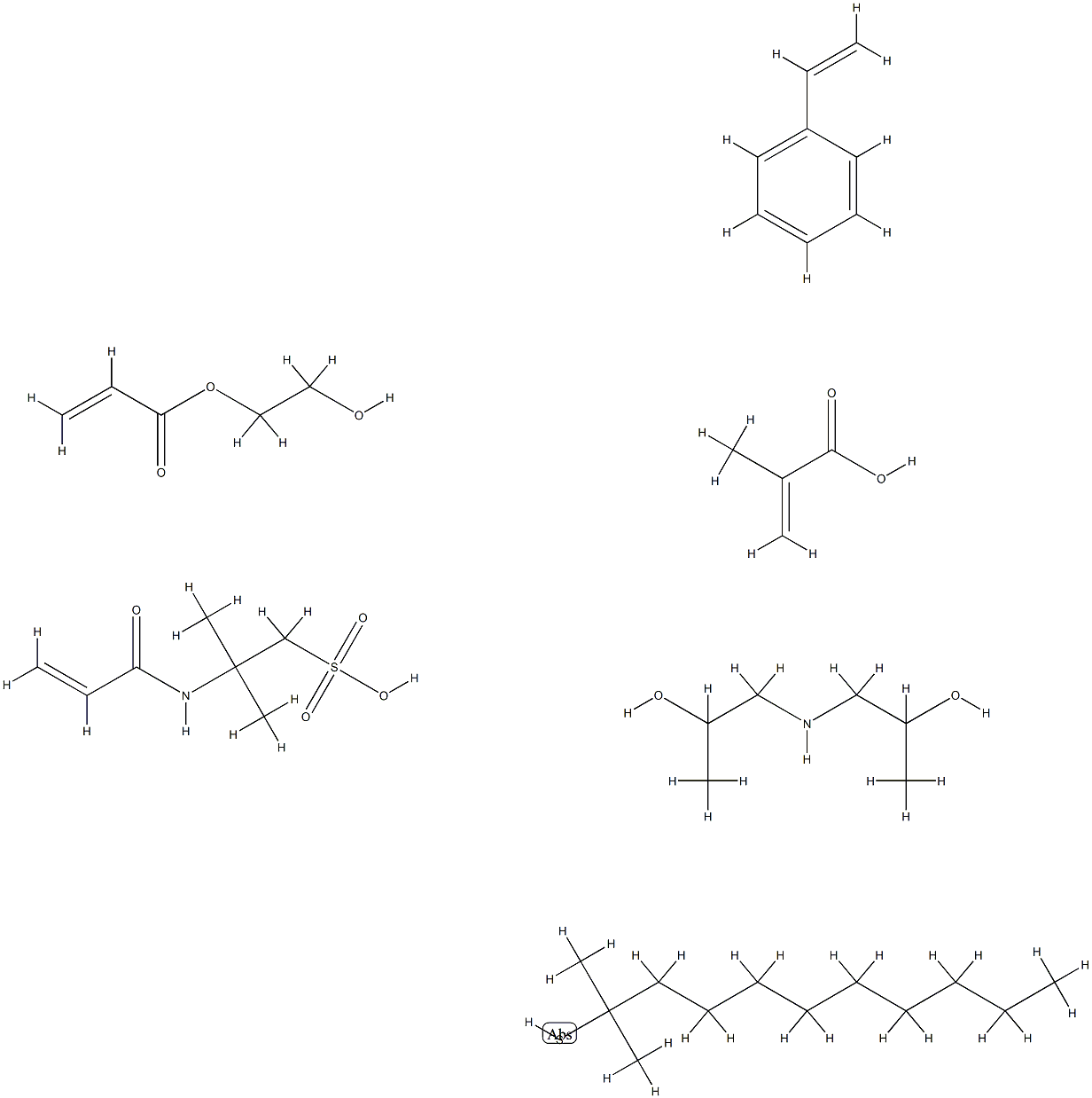 2-Propenoic acid, 2-methyl-, telomer with butyl 2-propenoate, tert-dodecanethiol, ethenylbenzene, 2-hydroxyethyl 2-propenoate and 2-methyl-2-[(1-oxo-2-propenyl) amino]-1-propanesulfonic acid, compd. with 1,1'-iminobis[2-propanol] Structure