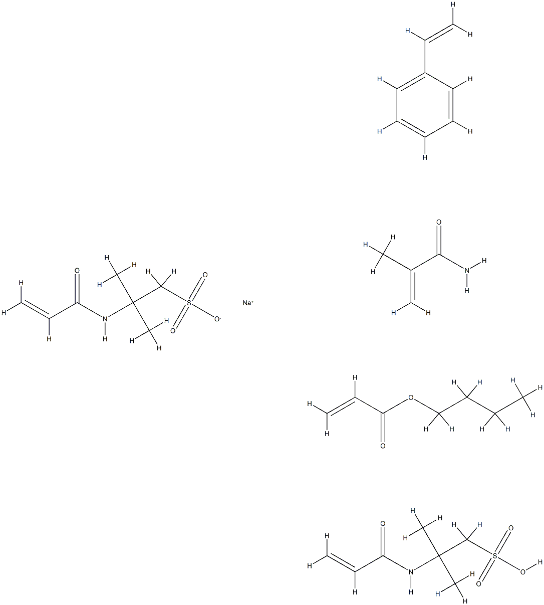 2-Propenoic acid, butyl ester, polymer with ethenylbenzene, 2-methyl-2-[(1-oxo-2-propenyl) amino]-1-propanesulfonic acid, 2-methyl-2-[(1-oxo-2-propenyl) amino]-1-propanesulfonic acid monosodium salt and 2-methyl-2-propenamide Structure