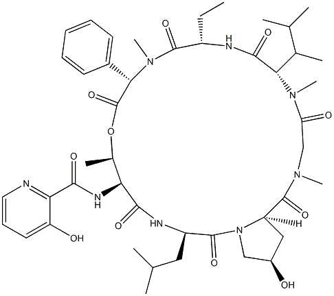 N-(3-Hydroxy-2-pyridinylcarbonyl)-cyclo[L-Thr*-D-Leu-D-c4Hyp-Sar-N-methyl-2-(1,2-dimethylpropyl)L-Gly-L-Abu-N-methyl-L-phenyl Gly-] 구조식 이미지