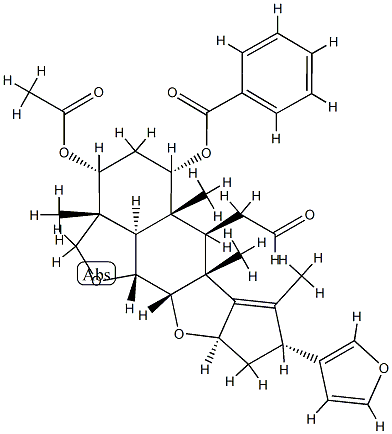 (2aR)-3α-Acetyloxy-5α-benzoyloxy-8α-(3-furanyl)-2a,4,5,5a,6,6a,8,9,9aα,10aβ,10bβ,10cα-dodecahydro-2aβ,5aβ,6aβ,7-tetramethyl-2H,3H-cyclopenta[d']naphtho[1,8-bc:2,3-b']difuran-6β-acetaldehyde 구조식 이미지