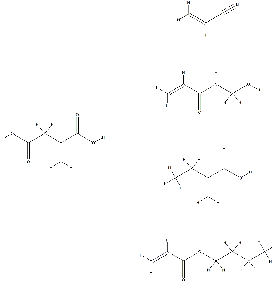Butanedioic acid, methylene-, polymer with butyl 2-propenoate, ethyl 2-propenoate, N-(hydroxymethyl)-2-propenamide and 2-propenenitrile 구조식 이미지