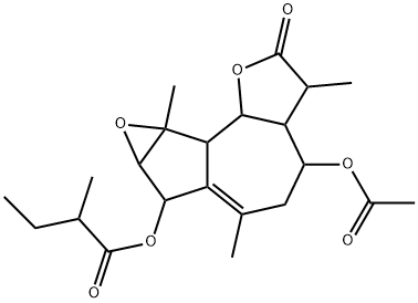 2-Methylbutanoic acid 4-acetoxy-2,3,3a,4,5,7,7a,8a,8b,8c-decahydro-3,6,8a-trimethyl-2-oxooxireno[2,3]azuleno[4,5-b]furan-7-yl ester 구조식 이미지