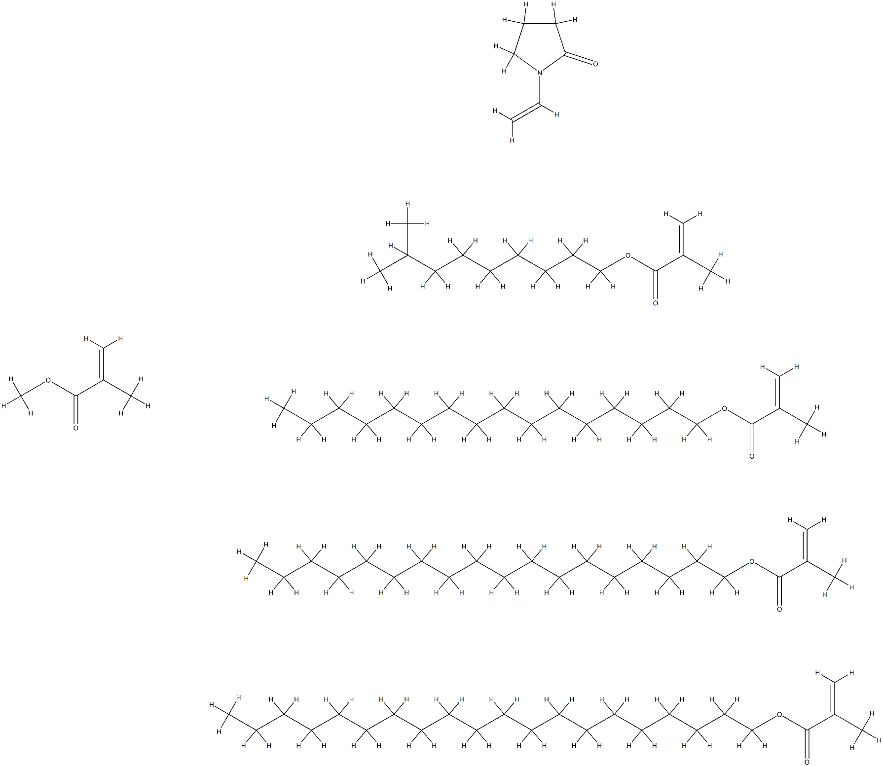 2-Propenoic acid, 2-methyl-, eicosyl ester, polymer with 1-ethenyl-2-pyrrolidinone, hexadecyl 2-methyl-2-propenoate, isodecyl 2-methyl-2-propenoate, methyl 2-methyl-2-propenoate and octadecyl 2-methyl-2-propenoate 구조식 이미지