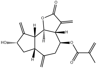 2-Methylpropenoic acid [(3aR,6aβ,9aβ,9bα)-dodecahydro-8α-hydroxy-3,6,9-tris(methylene)-2-oxoazuleno[4,5-b]furan-4β-yl] ester 구조식 이미지