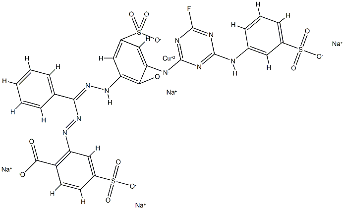 tetrasodium [2-[[alpha-[[3-[[4-fluoro-6-(3-sulphoanilino)-1,3,5-triazin-2-yl]amino]-2-hydroxy-5-sulphophenyl]azo]benzyl]azo]-4-sulphobenzoato(6-)]cuprate(4-) 구조식 이미지