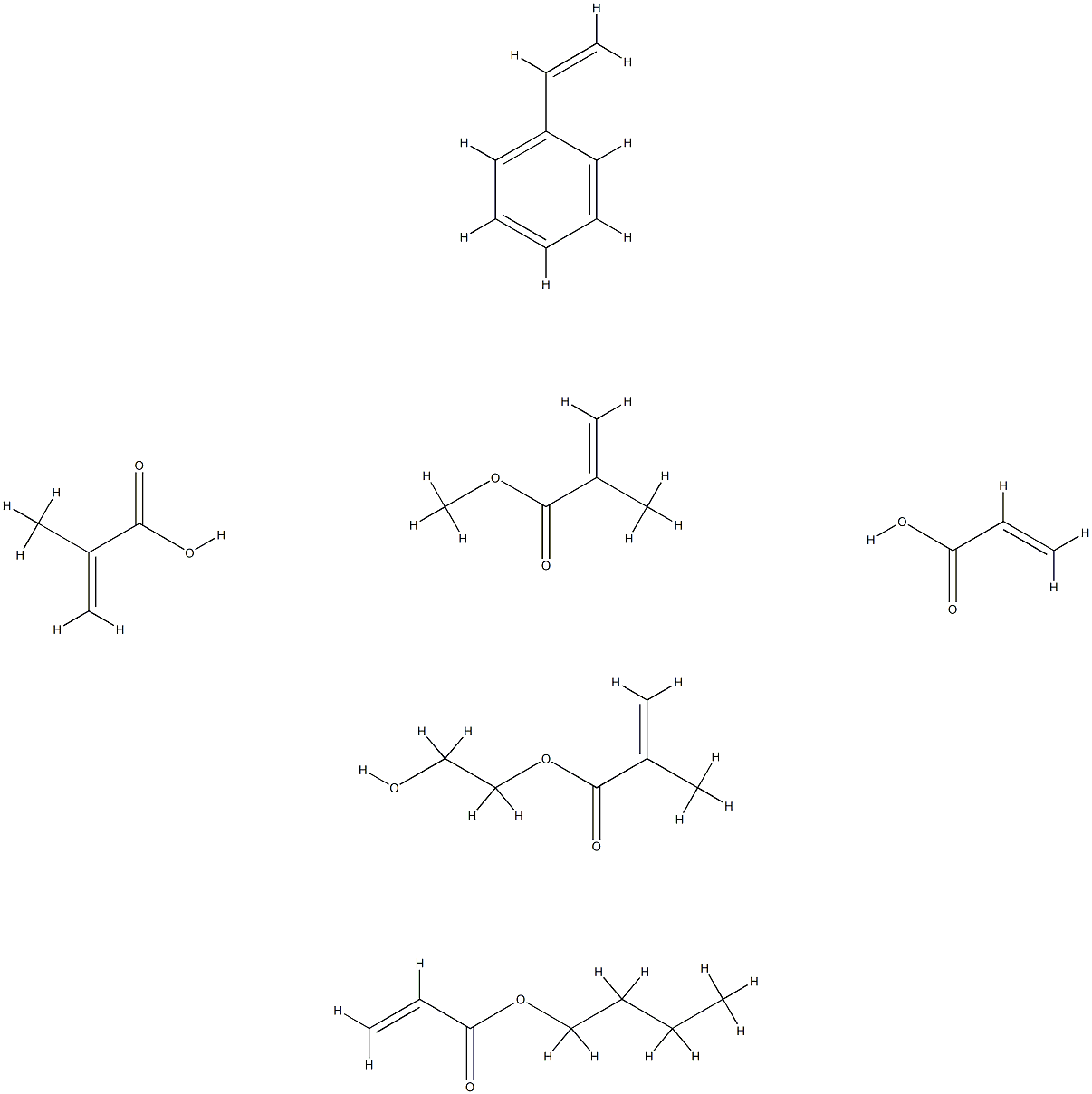 2-프로펜산,2-메틸-,부틸2-프로페노에이트,에테닐벤젠,2-하이드록시에틸2-메틸-2-프로페노에이트,메틸2-메틸-2-프로페노에이트및2-프로펜산과의중합체 구조식 이미지