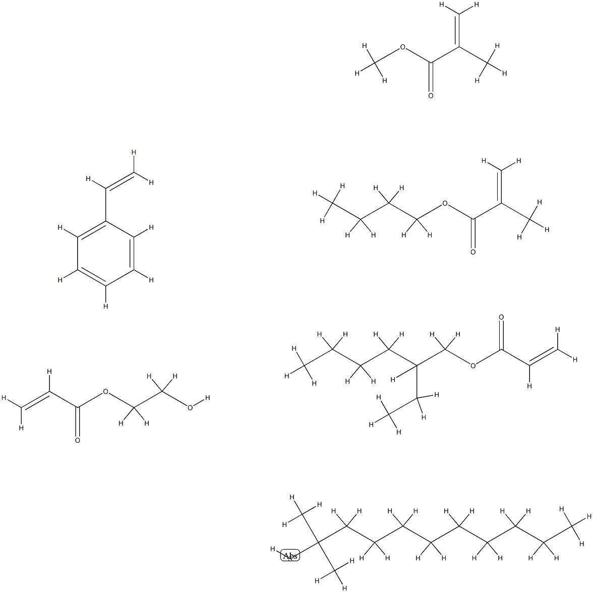 2-프로펜산,2-메틸-,부틸에스테르,tert-도데칸티올함유텔로머,에테닐벤젠,2-에틸헥실2-프로페노에이트,2-히드록시에틸2-프로페노에이트및메틸2-메틸-2-프로페노에이트 구조식 이미지