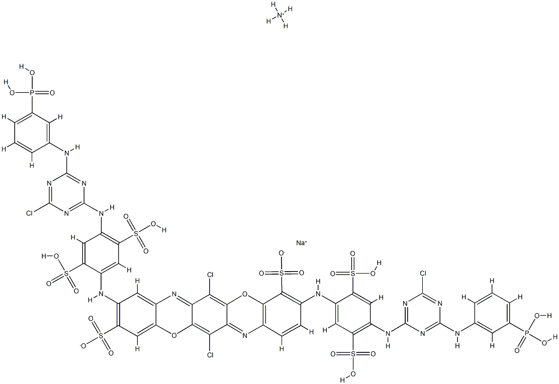 6,13-dichloro-3,10-bis[[4-[[4-chloro-6-[(3-phosphonophenyl)amino]-1,3,5-triazin-2-yl]amino]-2,5-disulphophenyl]amino]-4,11-triphenodioxazinedisulphonic acid, ammonium sodium salt Structure