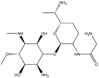 4-Amino-3-O-[6-amino-2-[(aminoacetyl)amino]-2,3,4,6,7-pentadeoxy-β-L-lyxo-heptopyranosyl]-1,4-dideoxy-6-O-methyl-1-(methylamino)-L-chiro-inositol 구조식 이미지