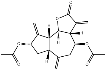 (3aR)-4β,8α-Diacetoxy-3aβ,4,5,6,6aβ,7,8,9,9aβ,9bα-decahydro-3,6,9-trismethyleneazuleno[4,5-b]furan-2(3H)-one 구조식 이미지