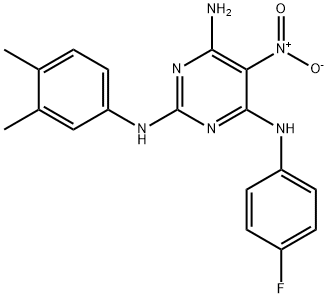 N~2~-(3,4-dimethylphenyl)-N~4~-(4-fluorophenyl)-5-nitropyrimidine-2,4,6-triamine 구조식 이미지