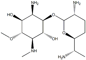 1-Amino-1,4-dideoxy-2-O-(2,6-diamino-2,3,4,6,7-pentadeoxy-β-L-lyxo-heptopyranosyl)-5-O-methyl-4-(methylamino)-D-scyllo-inositol 구조식 이미지