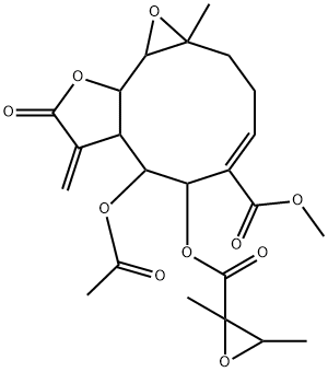 7-Acetoxy-6-[[(2,3-dimethyloxiran-2-yl)carbonyl]oxy]-1a,2,3,6,7,7a,8,9,10a,10b-decahydro-1a-methyl-8-methylene-9-oxooxireno[9,10]cyclodeca[1,2-b]furan-5-carboxylic acid methyl ester 구조식 이미지