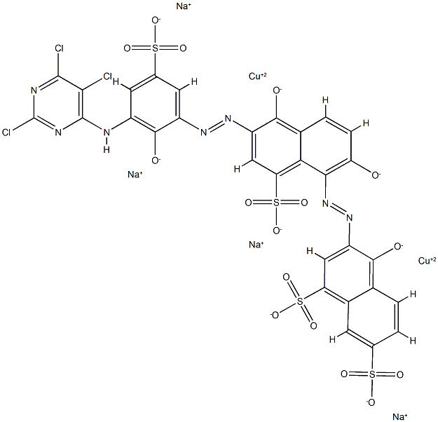 tetrasodium [mu-[3-[[2,5-dihydroxy-6-[[2-hydroxy-5-sulpho-3-[(2,5,6-trichloro-4-pyrimidinyl)amino]phenyl]azo]-8-sulpho-1-naphthyl]azo]-4-hydroxynaphthalene-1,7-disulphonato(8-)]]dicuprate(4-)  구조식 이미지