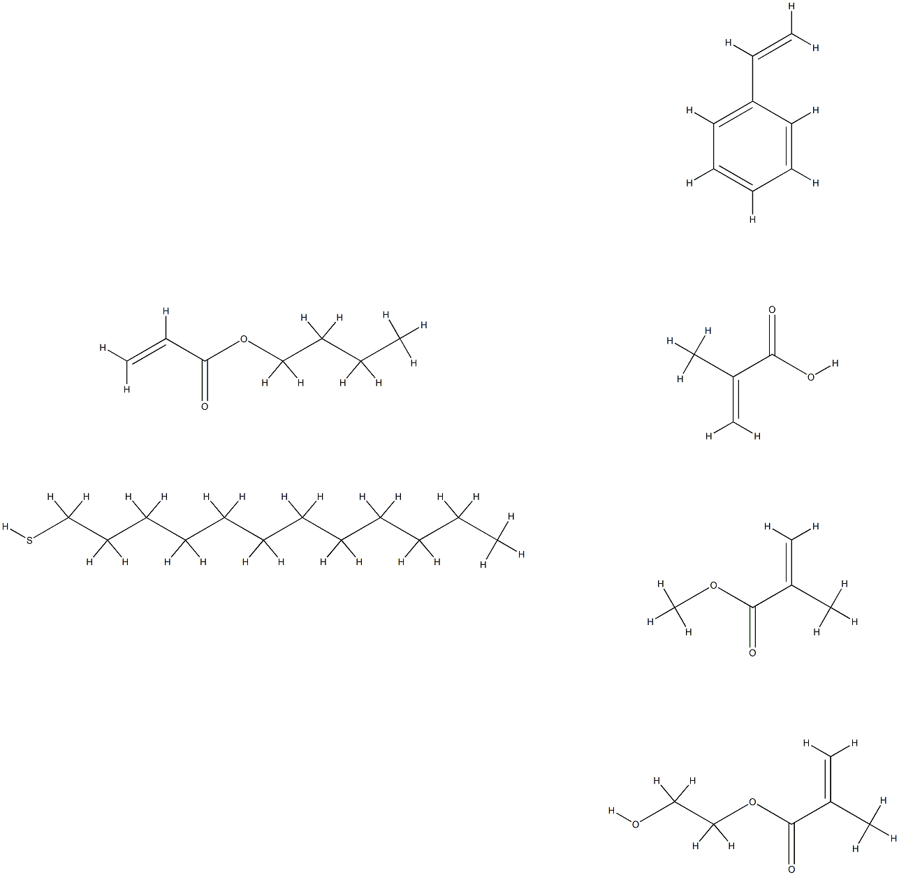 2-프로펜산,2-메틸-,부틸2-프로페노에이트,1-도데칸티올,에테닐벤젠,2-히드록시에틸2-메틸-2-프로페노에이트및메틸2-메틸-2-프로페노에이트함유텔로머 구조식 이미지