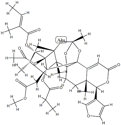 14,15-Didehydrophragmalin 2-acetate 3-[(E)-2-methyl-2-butenoate]30-propanoate 구조식 이미지