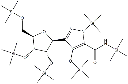 N,1-Bis(trimethylsilyl)-4-(trimethylsilyl)oxy-3-[2-O,3-O,5-O-tris(trimethylsilyl)-β-D-ribofuranosyl]-1H-pyrazole-5-carboxamide 구조식 이미지