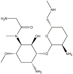 2-Amino-5-[(aminoacetyl)methylamino]-1-O-[2-amino-2,3,4,6-tetradeoxy-6-(methylamino)-α-D-erythro-hexopyranosyl]-2,3,5-trideoxy-4-O-methyl-D-allo-inositol 구조식 이미지