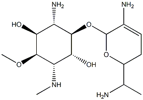 4-Amino-3-O-[3-amino-6-(1-aminoethyl)-5,6-dihydro-2H-pyran-2-yl]-1,4-dideoxy-6-O-methyl-1-(methylamino)-L-chiro-inositol 구조식 이미지