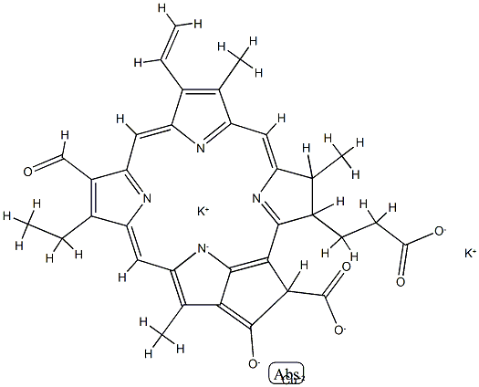 dipotassium [3S-(3alpha,4beta,21beta)]-[21-carboxy-14-ethyl-13-formyl-4,8,18-trimethyl-20-oxo-9-vinylphorbine-3-propionato(4-)-N23,N24,N25,N26]cuprate(2-) Structure