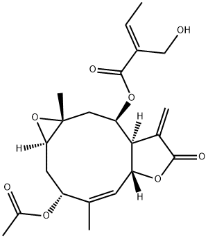 (E)-2-Hydroxymethyl-2-butenoic acid [(1aR,3R,4Z,5aR,8aR,9R,10aR)-3-acetoxy-1a,2,3,5a,7,8,8a,9,10,10a-decahydro-4,10a-dimethyl-8-methylene-7-oxooxireno[5,6]cyclodeca[1,2-b]furan-9-yl] ester 구조식 이미지