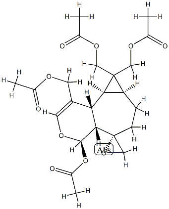 (4R,5S)-4-Acetoxy-1,8,8-tris(acetoxymethyl)-4,4aα,6,7,7aβ,8,8aβ,8bα-octahydrospiro[5H-cyclopropa[3,4]cyclohepta[1,2-c]pyran-5,2'-oxirane] 구조식 이미지