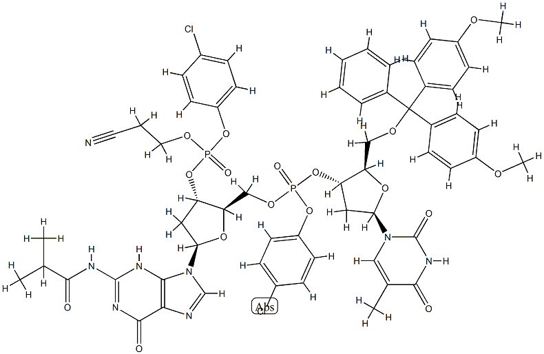 3'-Guanylic acid, 5'-O-[bis(4-methoxyphenyl)phenylmethyl]-P-(4-chlorophenyl)thymidylyl-(3'->5')-2'-deoxy-N-(2-methyl-1-oxopropyl)-, 4-chlorophenyl 2-cyanoethyl ester Structure