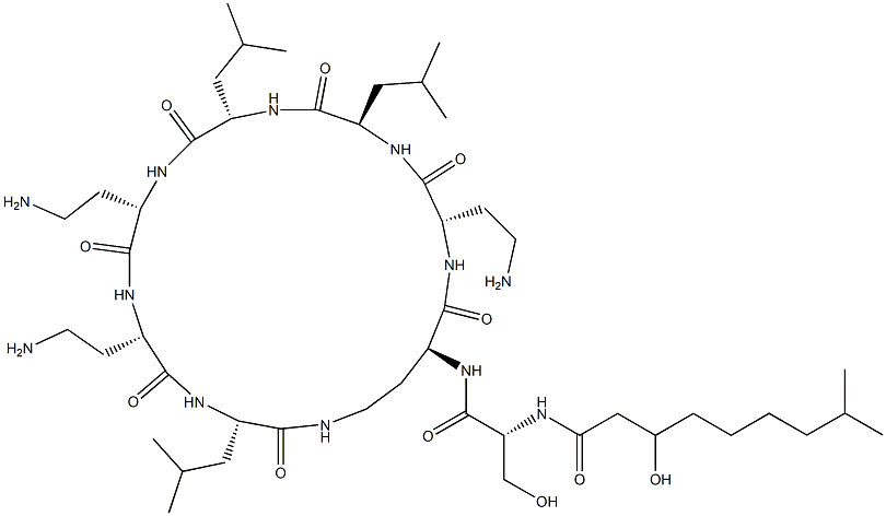 N2-[N-(3-Hydroxy-8-methyl-1-oxononyl)-D-Ser-]cyclo[L-DAB*-L-DAB-D-Leu-L-Leu-L-DAB-L-DAB-L-Leu-] Structure