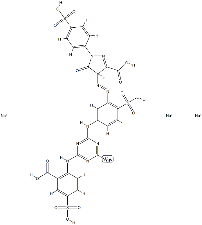 trisodium dihydrogen -4-[[5-[[4-[(2-carboxylato-4-sulphonatophenyl)amino]-6-chloro-1,3,5-triazin-2-yl]amino]-2-sulphonatophenyl]azo]-4,5-dihydro-5-oxo-1-(4-sulphonatophenyl)-1H-pyrazole-3-carboxylate 구조식 이미지