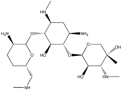 4-O-(2-Amino-6-methylamino-2,3,4,6-tetradeoxy-α-D-erythro-hexopyranosyl)-6-O-[4-C-methyl-3-(methylamino)-3-deoxy-β-L-arabino-pentopyranosyl]-N'-methyl-2-deoxy-D-streptamine 구조식 이미지