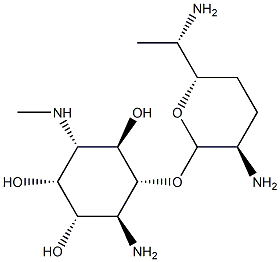 6-Amino-3,6-dideoxy-5-O-(2,6-diamino-2,3,4,6,7-pentadeoxy-β-L-lyxo-heptopyranosyl)-3-(methylamino)-D-myo-inositol 구조식 이미지