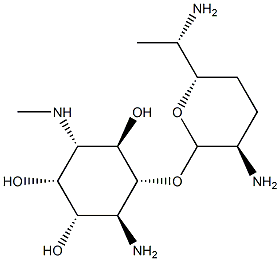 1-Amino-1,4-dideoxy-2-O-(2,6-diamino-2,3,4,6,7-pentadeoxy-β-L-lyxo-heptopyranosyl)-4-(methylamino)-D-scyllo-inositol Structure