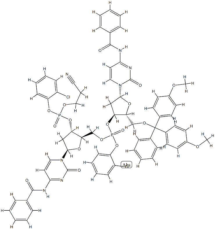 3'-Cytidylic acid, N-benzoyl-5'-O-[bis(4-methoxyphenyl)phenylmethyl]-P-(2-chlorophenyl)-2'-deoxycytidylyl-(3'->5')-N-benzoyl-2'-deoxy-, 2-chlorophenyl 2-cyanoethyl ester 구조식 이미지